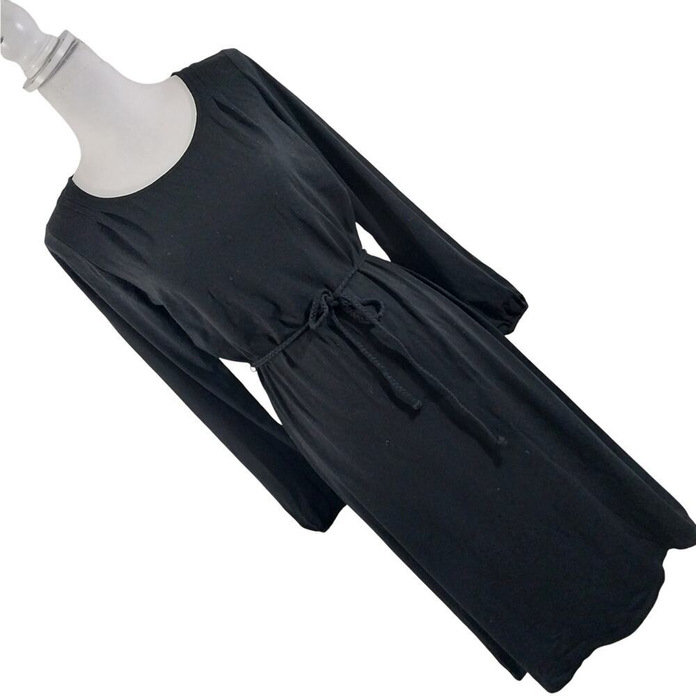 J. JILL! RICH BLACK JERSEY KNIT LONG SLEEVE BELTED CORD TIE WAIST DRESS! SZ S